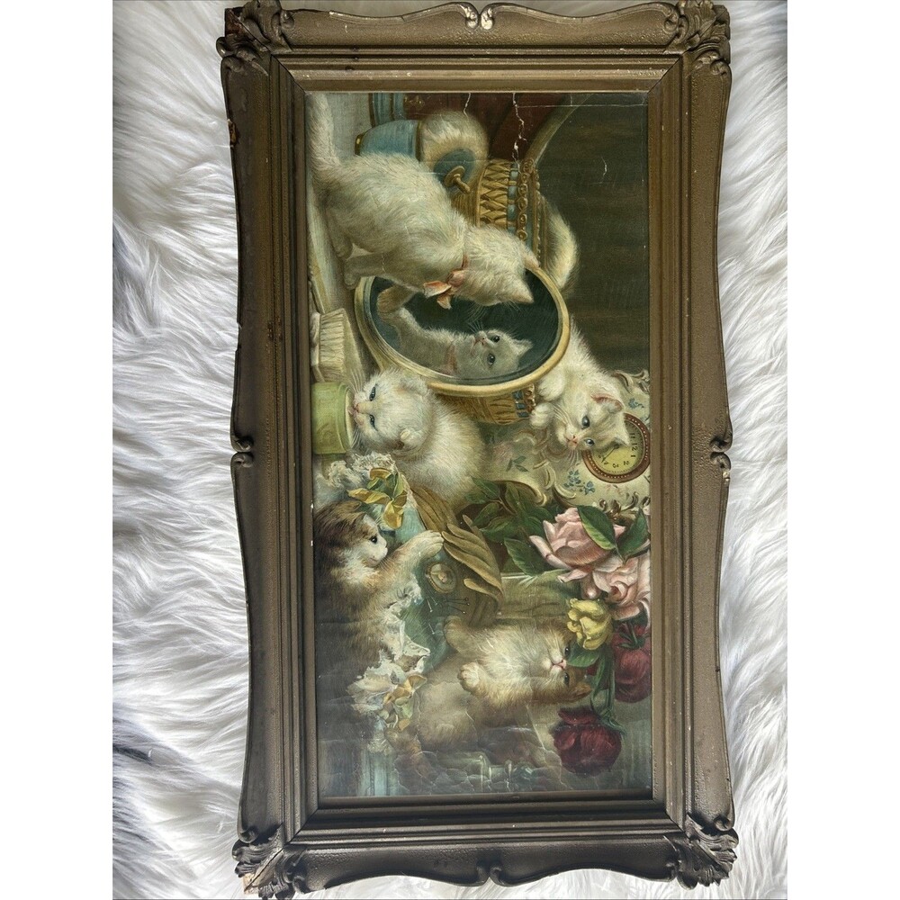 Antique VICTORIAN Cat Picture "The Five Senses" Victorian Chromolithograph Print